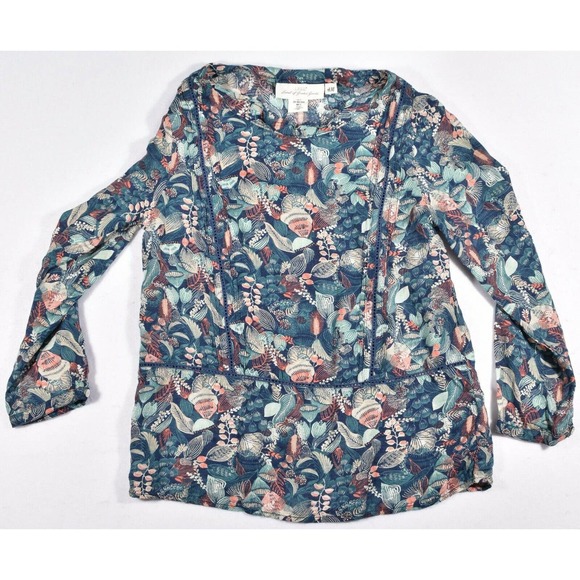 LOGG Label of Graded Goods Women's Floral Short Sleeve Button Up Navy Shirt Sz 4 - Picture 1 of 4